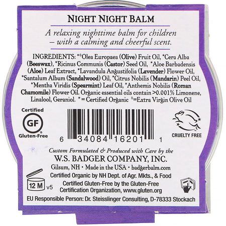 Badger Company, Organic, Night-Night Balm, Lavender & Chamomile, .75 oz (21 g):أعشاب الأطفال, المعالجة المثلية