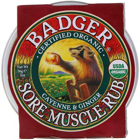 Badger Company, Organic, Sore Muscle Rub, Cayenne & Ginger, 2 oz (56 g):المراهم, الم,ضعية