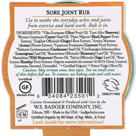 Badger Company, Organic, Sore Joint Rub, Arnica Blend, .75 oz (21 g):Homeopathy, Arnica Topicals