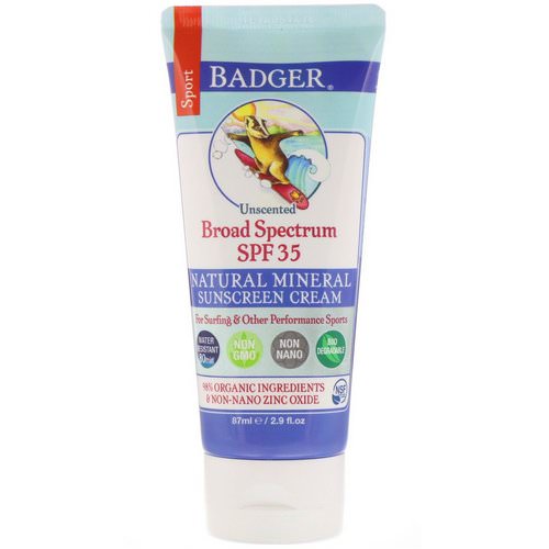 Badger Company, Sport, Natural Mineral Sunscreen Cream, SPF 35, Unscented, 2.9 fl oz (87 ml) فوائد
