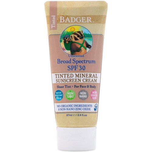 Badger Company, Tinted Mineral Sunscreen Cream, Broad Spectrum SPF 30, Unscented, 2.9 fl oz (87 ml) فوائد