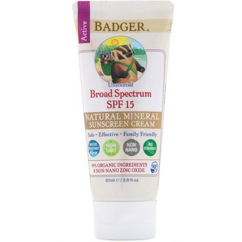 Badger Company, Natural Mineral Sunscreen Cream, Broad Spectrum SPF 15, Unscented, 2.9 fl oz (87 ml) فوائد