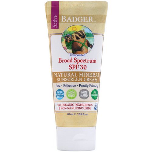 Badger Company, Natural Mineral Sunscreen Cream, SPF 30 PA+++, Unscented, 2.9 fl oz (87 ml) فوائد
