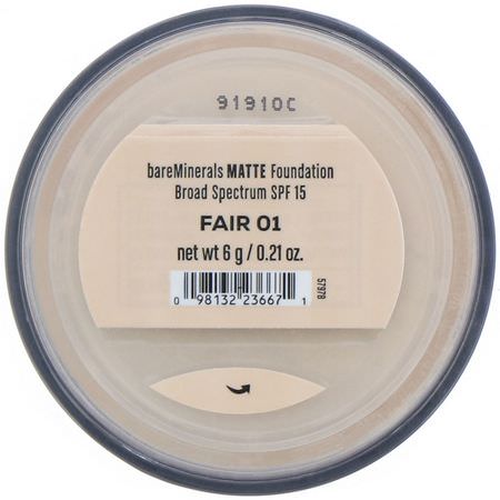 Bare Minerals, Matte Foundation, SPF 15, Fair 01, 0.21 oz (6 g):Foundation, وجه
