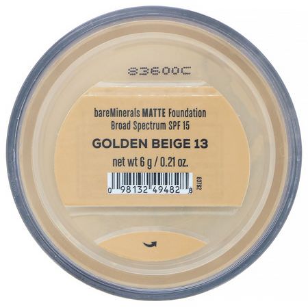 Bare Minerals, Matte Foundation, SPF 15, Golden Beige 13, 0.21 oz (6 g):Foundation, وجه
