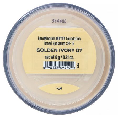 Bare Minerals, Matte Foundation, SPF 15, Golden Ivory 07, 0.21 oz (6 g):Foundation, وجه
