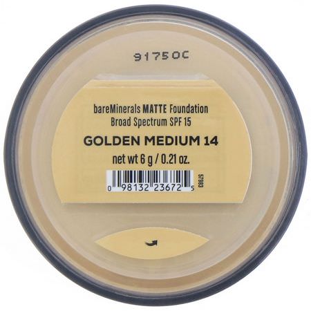 Bare Minerals, Matte Foundation, SPF 15, Golden Medium 14, 0.21 oz (6 g):Foundation, وجه