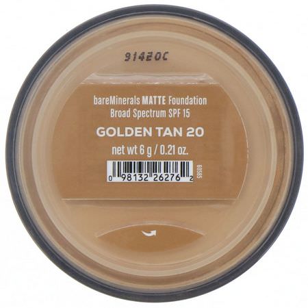 Bare Minerals, Matte Foundation, SPF 15, Golden Tan 20, 0.21 oz (6 g):Foundation, وجه