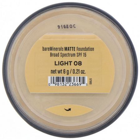 Bare Minerals, Matte Foundation, SPF 15, Light 08, 0.21 oz (6 g):Foundation, وجه