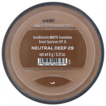 Bare Minerals, Matte Foundation, SPF 15, Neutral Deep 29, 0.21 oz (6 g):Foundation, وجه