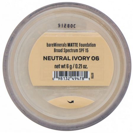 Bare Minerals, Matte Foundation, SPF 15, Neutral Ivory 06, 0.21 oz (6 g):Foundation, وجه