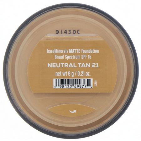 Bare Minerals, Matte Foundation, SPF 15, Neutral Tan 21, 0.21 oz (6 g):Foundation, وجه
