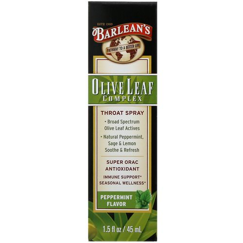 Barlean's, Olive Leaf Complex, Throat Spray, Peppermint Flavor, 1.5 fl oz (45 ml) فوائد