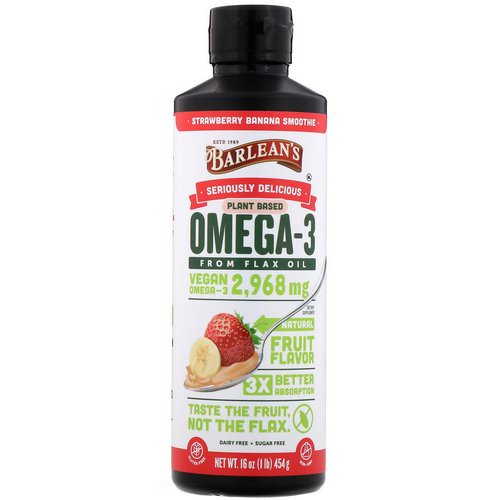 Barlean's, Seriously Delicious, Omega-3 Fish Oil, Strawberry Banana Smoothie, 16 oz (454 g) فوائد