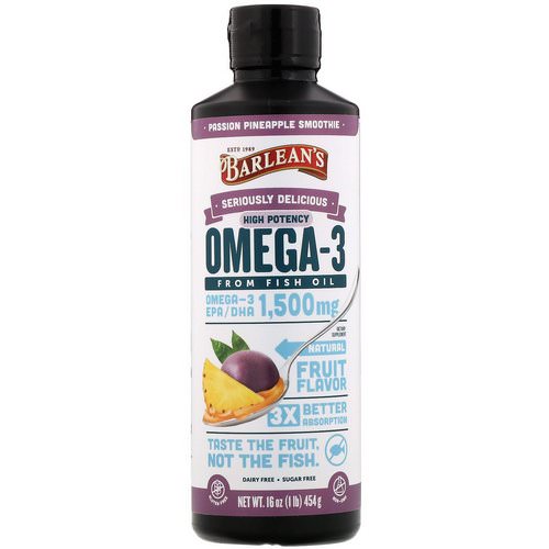 Barlean's, Seriously Delicious, Omega-3 Fish Oil, Passion Pineapple Smoothie, 16 oz (454 g) فوائد