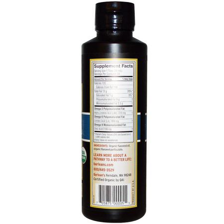 Barlean's, Organic Lignan Flax Oil, 12 fl oz (355 ml):تركيبات Omega 3-6-9, EFA