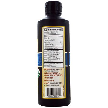 Barlean's, Organic, Lignan Flax Oil, 16 fl oz (473 ml):تركيبات Omega 3-6-9, EFA