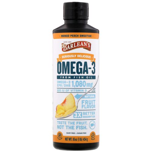 Barlean's, Seriously Delicious, Omega-3 Fish Oil, Mango Peach Smoothie, 16 oz (454 g) فوائد