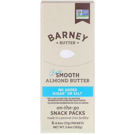 Barney Butter, Almond Butter, On the Go Snack Packs, Bare Smooth, 6 Packets, 0.6 oz (17 g) Each:زبدة الل,ز, يحفظ