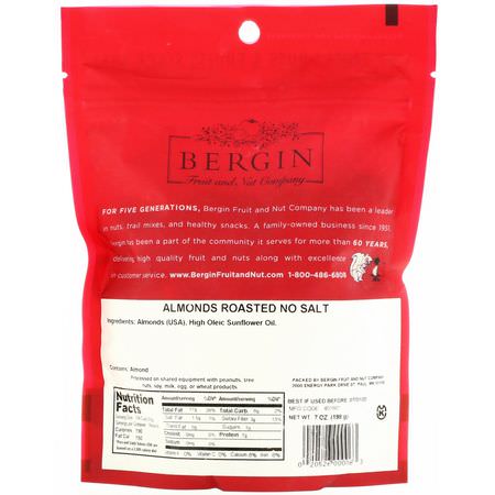 Bergin Fruit and Nut Company, Almonds Roasted, No Salt, 7 oz (198 g):الل,ز ,البذ,ر
