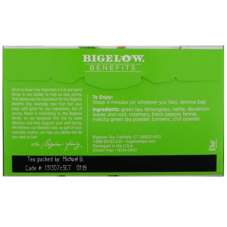 Bigelow, Benefits, Refresh, Turmeric Chili Matcha Green Tea, 18 Tea Bags, 1.15 oz (32 g):الشاي الأخضر, شاي ماتشا