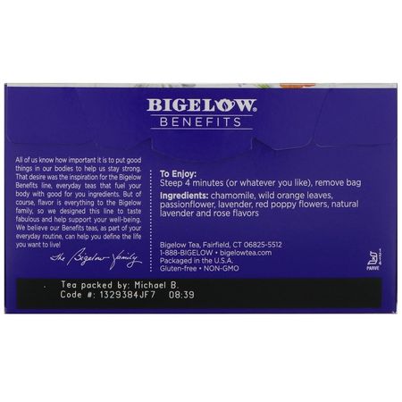 Bigelow, Benefits, Sleep, Chamomile & Lavender Herbal Tea, 18 Tea Bags, 1.06 oz (30 g):شاي الأعشاب, شاي الباب,نج