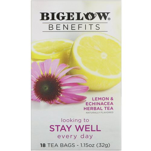 Bigelow, Benefits, Stay Well, Lemon & Echinacea Herbal Tea, 18 Tea Bags, 1.15 oz (32 g) فوائد