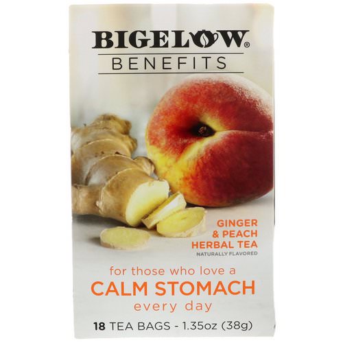 Bigelow, Calm Stomach, Ginger & Peach Herbal Tea, 18 Tea Bags, 1.35 oz (38 g) فوائد