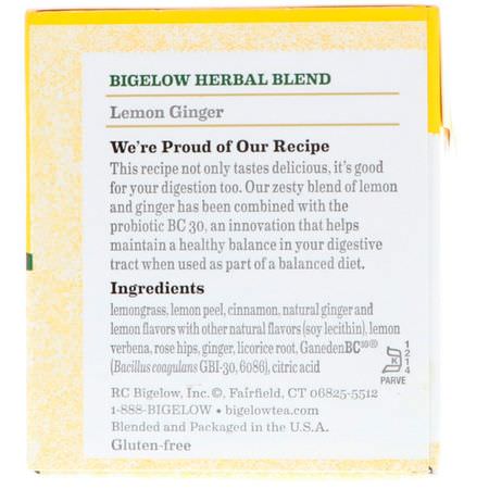 Bigelow, Herbal Tea Plus Probiotics, Lemon Ginger, Caffeine Free, 18 Tea Bags, 1.39 oz (39 g):شاي الأعشاب, شاي الزنجبيل