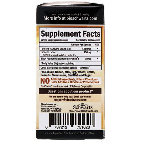 BioSchwartz, Premium Ultra Pure Turmeric Curcumin with Bioperine, 1500 mg, 90 Veggie Caps:الكركمين, الكركم