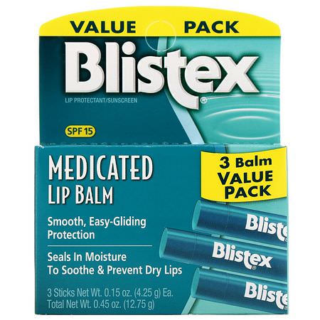 Blistex, Medicated Lip Balm, Lip Protectant/Sunscreen, SPF 15, 3 Balm Value Pack, .15 oz (4.25 g) Each:SPF, Medicated