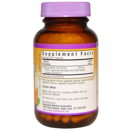 Bluebonnet Nutrition, Cantaloupe, Melon Fruit Extract, 100 IU, 60 Vcaps:Superoxide Dismutase SOD, مضادات الأكسدة