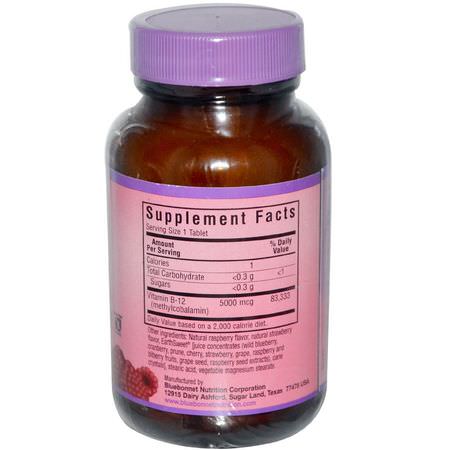 Bluebonnet Nutrition, EarthSweet, Methylcobalamin, Vitamin B-12, Natural Raspberry Flavor, 5000 mcg, 60 Chewable Tablets:B12, فيتامين B