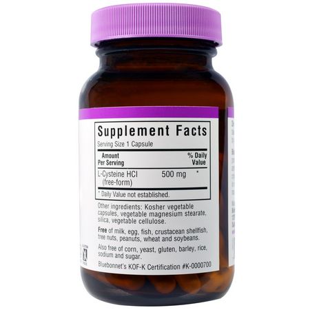 Bluebonnet Nutrition, L-Cysteine, 500 mg, 60 Veggie Caps:L-Cysteine ​​,الأحماض الأمينية