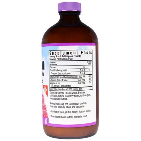 Bluebonnet Nutrition, Liquid Calcium, Magnesium Citrate Plus Vitamin D3, Natural Raspberry Flavor, 16 fl oz (472 ml):الكالسي,م ,المعادن