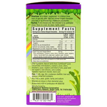 Bluebonnet Nutrition, Super Earth, Rainforest Animalz, Calcium Magnesium & Vitamin D3, Natural Vanilla Frosting Flavor, 90 Animal-Shaped Chewables:كالسي,م الأطفال, صحة الأطفال