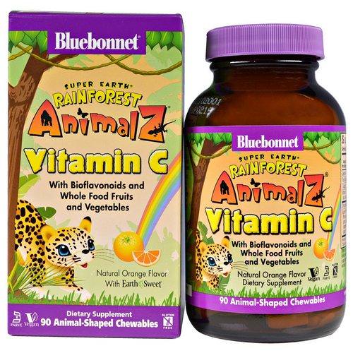 Bluebonnet Nutrition, Super Earth, Rainforest Animalz, Vitamin C, Natural Orange Flavor, 90 Chewables فوائد