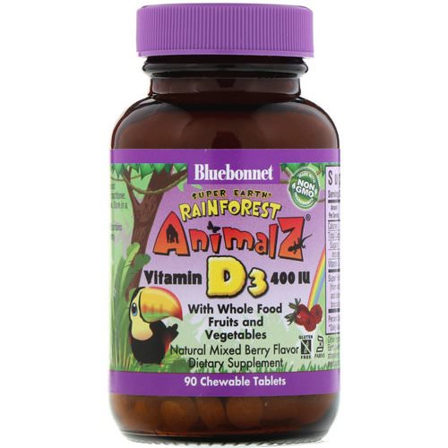 Bluebonnet Nutrition, Super Earth, Rainforest Animalz, Vitamin D3, Natural Mixed Berry, 400 IU, 90 Chewable Tablets فوائد