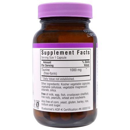 Bluebonnet Nutrition, Taurine, 1,000 mg, 50 Veggie Caps:L-Taurine,الأحماض الأمينية