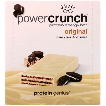 BNRG, Power Crunch Protein Energy Bar, Original, Cookies and Creme, 12 Bars, 1.4 oz (40 g) Each:قضبان الطاقة, قضبان الرياضة