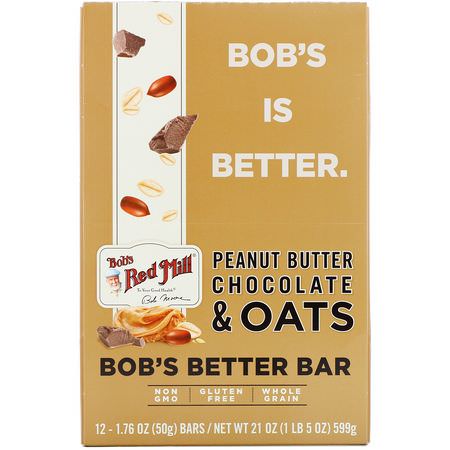 Bob's Red Mill, Bob's Better Bar, Peanut Butter Chocolate & Oats, 12 Bars, 1.76 oz (50 g) Each:الحانات الغذائية