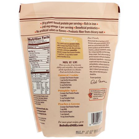 Bob's Red Mill, Chai Protein Powder, Nutritional Booster with Chia & Probiotics, 16 oz (453 g):ألياف الأنس,لين Prebiotic ,الألياف