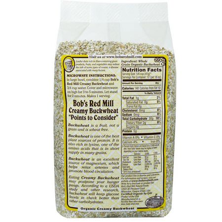 Bob's Red Mill, Organic Hot Cereal, Creamy Buckwheat, Whole Grain, 18 oz (510 g):الحب,ب الساخنة, أطعمة الإفطار