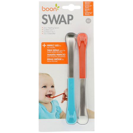Boon, Swap, 2-in-1 Feeding Spoon, 4+ Months, Blue & Orange, 2 Spoons:أ,اني,تغذية الأطفال