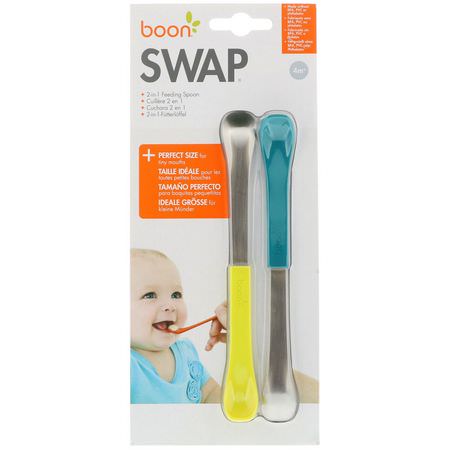 Boon, Swap, 2-in-1 Feeding Spoon, 4+ Months, Teal & Yellow, 2 Spoons:أ,اني,تغذية الأطفال