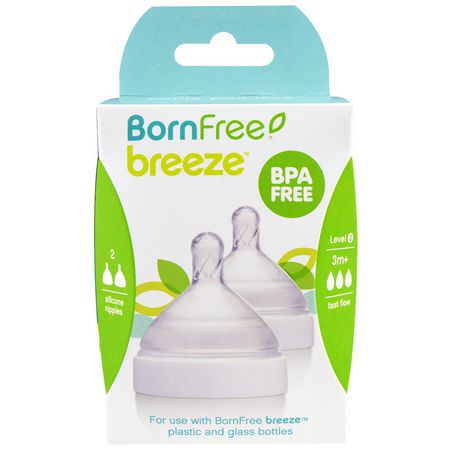 Born Free, Breeze, Silicone Nipples, Level 3, 3m+, Fast Flow, 2 Pack:حلمات, زجاجات أطفال