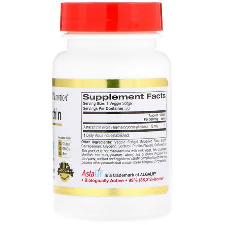 California Gold Nutrition, Astaxanthin, AstaLif Pure Icelandic, 12 mg, 30 Veggie Softgels:أستازانتين, مضادات الأكسدة
