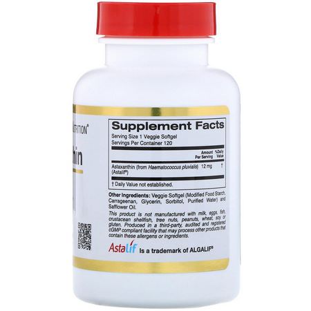 California Gold Nutrition, Astaxanthin, AstaLif Pure Icelandic, 12 mg, 120 Veggie Softgels:أستازانتين, مضادات الأكسدة