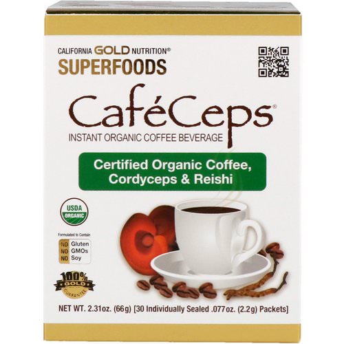 California Gold Nutrition, CafeCeps, Certified Organic Instant Coffee with Cordyceps and Reishi Mushroom Powder, 30 Packets, .077 oz (2.2 g) Each فوائد