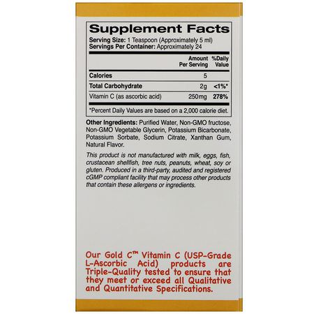 California Gold Nutrition, Children's Liquid Gold Vitamin C, USP Grade, Natural Orange Flavor, 4 fl oz (118 ml):حمض الأسك,ربيك, فيتامين C